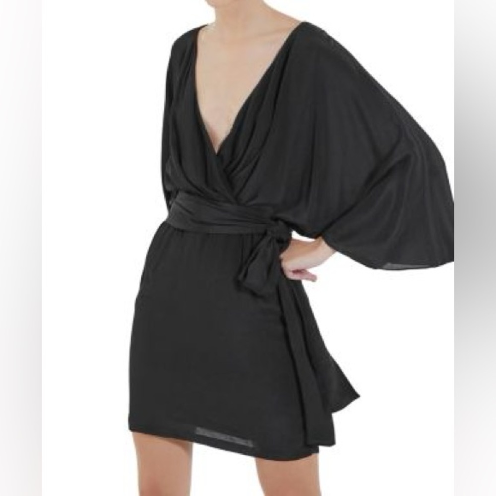 The Kooples Belted Kimono Dress Black Mini Dress with Draped V-Neck
